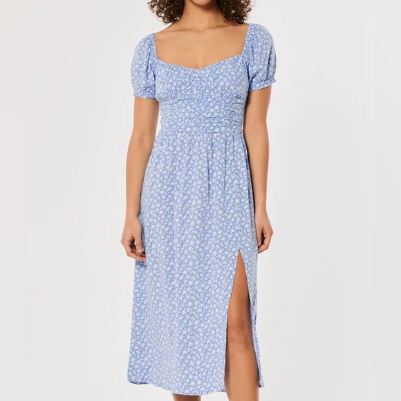 Hollister Ruched Waist Blue Flowered Midi Length Dress - Picture 1 of 11